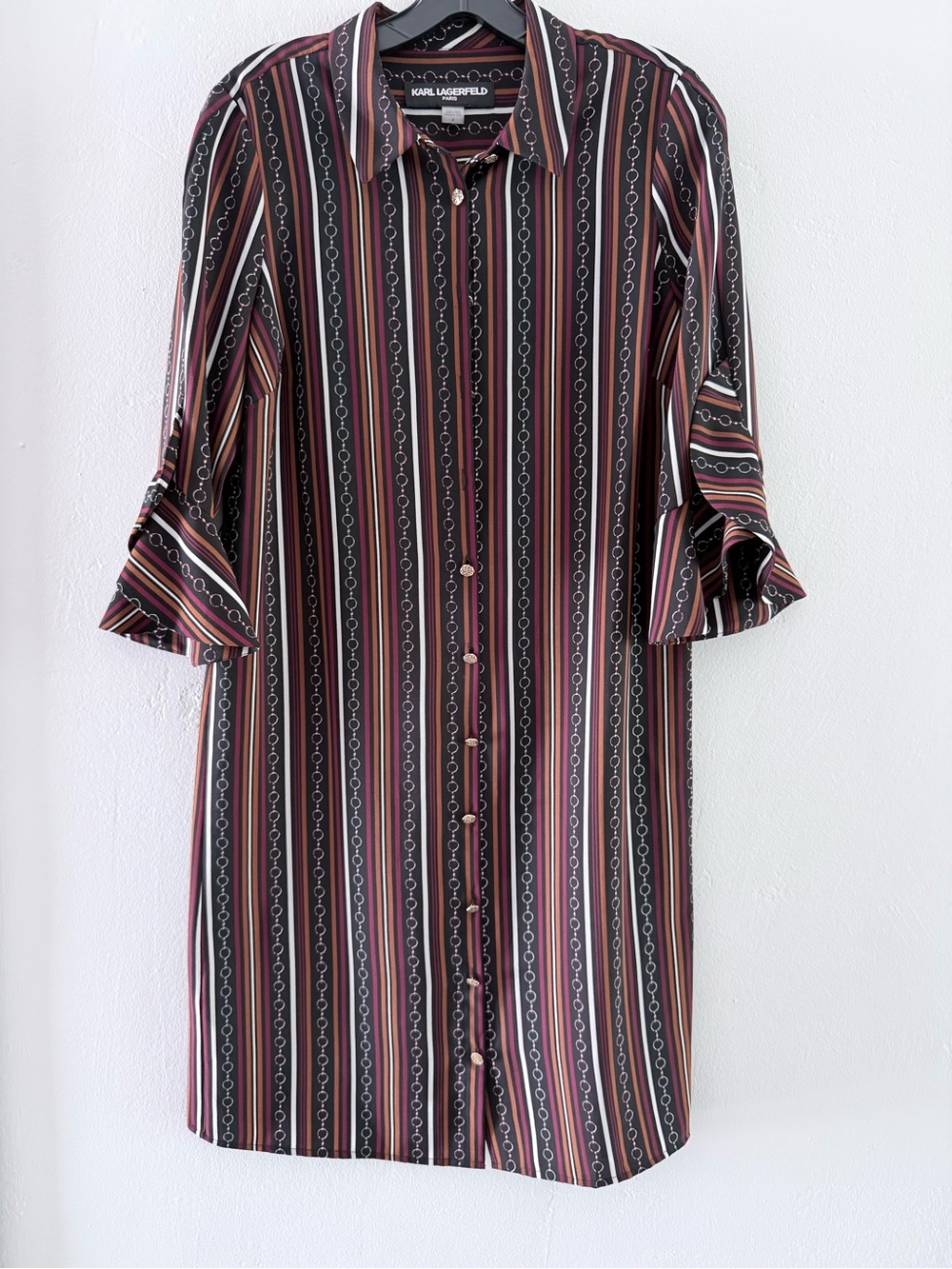 Karl Lagerfeld Burgundy and Black Striped Midi Shirt Dress